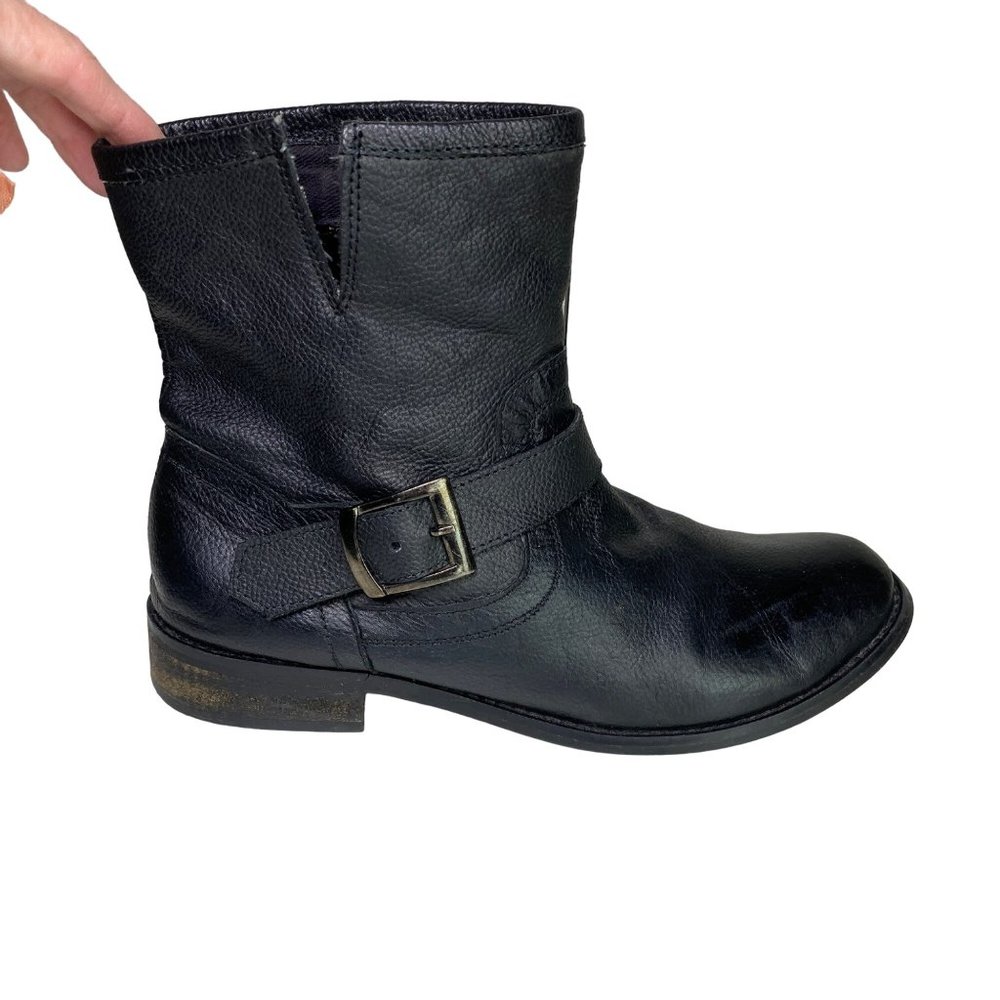 Mia black Booties, soft Leather ankle boots, zipper, low heel, gold buckle 9.5